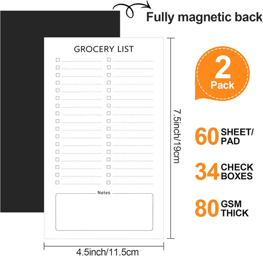 Grocery List Magnet Pad for Fridge, 2 Pack Magnetic Notepads Refrigerator, Full Back Shopping Lists, 60 Sheets Per Note Pads -