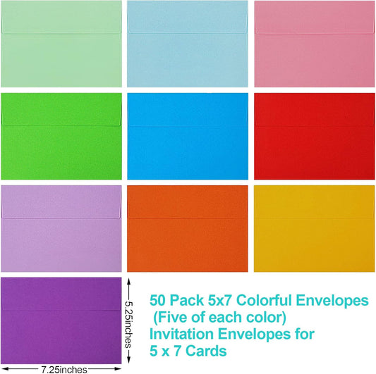 50 Pack Colored Envelope, 5x7 Envelopes, A7 Envelopes for Invitations, Printable Invitation Envelope Weddings, Photos, Postcards, Greeting Cards, Mailing - (5" x 7")