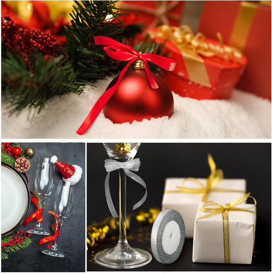 4Color Curling Ribbons for Crafts Satin Glitter Ribbon Gift Wrapping Supplies Christmas Wedding Party Decoration Sewing Hair Bows Gold, Red, Green, Silver -