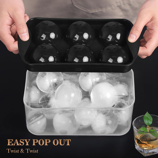 Whiskey Ice Cubes Mold 2 Pack - Round Cube & Ball Maker Set with Storage Bin, Trays Lid, Tongs for Bourbon Cocktails, Gifts Lover