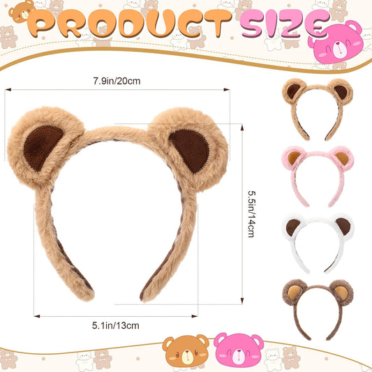 4 Pcs Bear Ears Headbands Bulk for Adults Kids Plush Animal Fluffy Cute Hair Hoops Accessories Birthday Party Cosplay Dress up Makeup Washing Face Women Valentine Girls -
