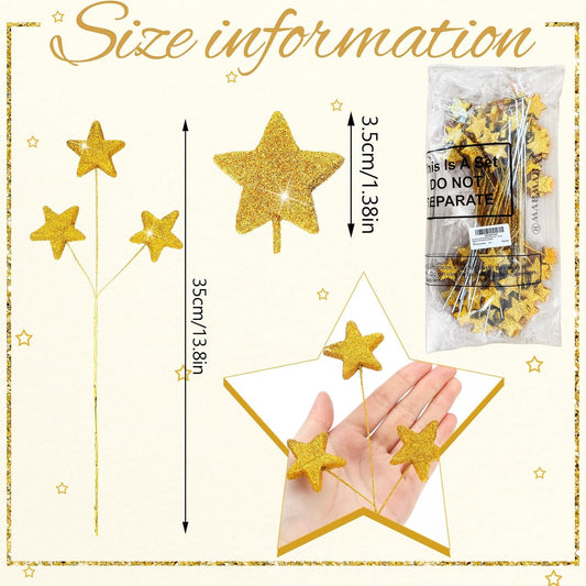 24 Pcs Glitter Star Picks 13.8'' Sparkly Stem Decoration Foam Vase Sticks Centerpiece Table Craft Filler for Wreath Birthday Wedding Bridal Shower Arrangement(Gold) Gold -