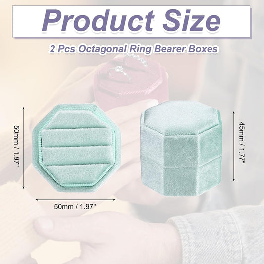 3 Slots Vintage Velvet Ring Boxes, 2 Pack Octagonal Elegant His and Her Wedding Jewelry Organizer Holders for Engagement Proposal Ceremony Anniversary, Light Blue -