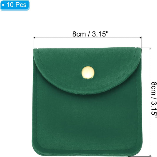 8x8cm Jewelry Pouches with Snap Button, 10 Pack Velvet Portable Soft Storage for Necklace Bracelet Earring Watch Rings Brooch, Dark Green