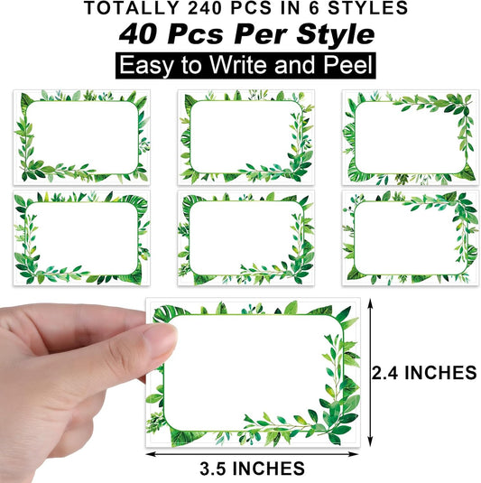 240 Pcs Greenery Name Tags Stickers Spring Green Leaves Border Tag Labels Party Personalized for Themed Office Home, 3.5 x 2.4, 6 Styles -