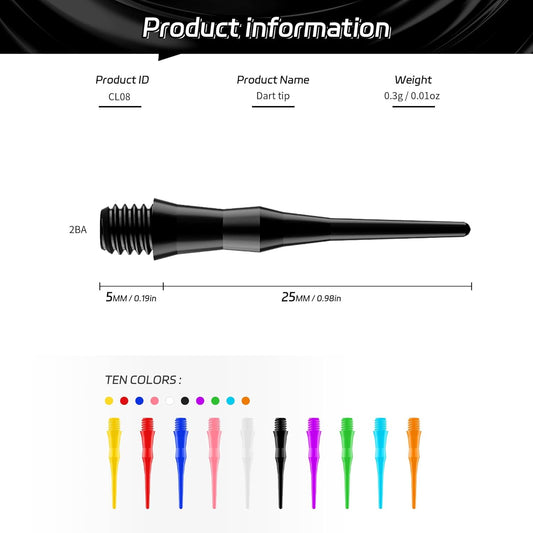 2BA Thread Soft Tip Dart Points 500 Pack, 10 Colors, Plastic Tips Replacement,Darts Accessories 500pcs -