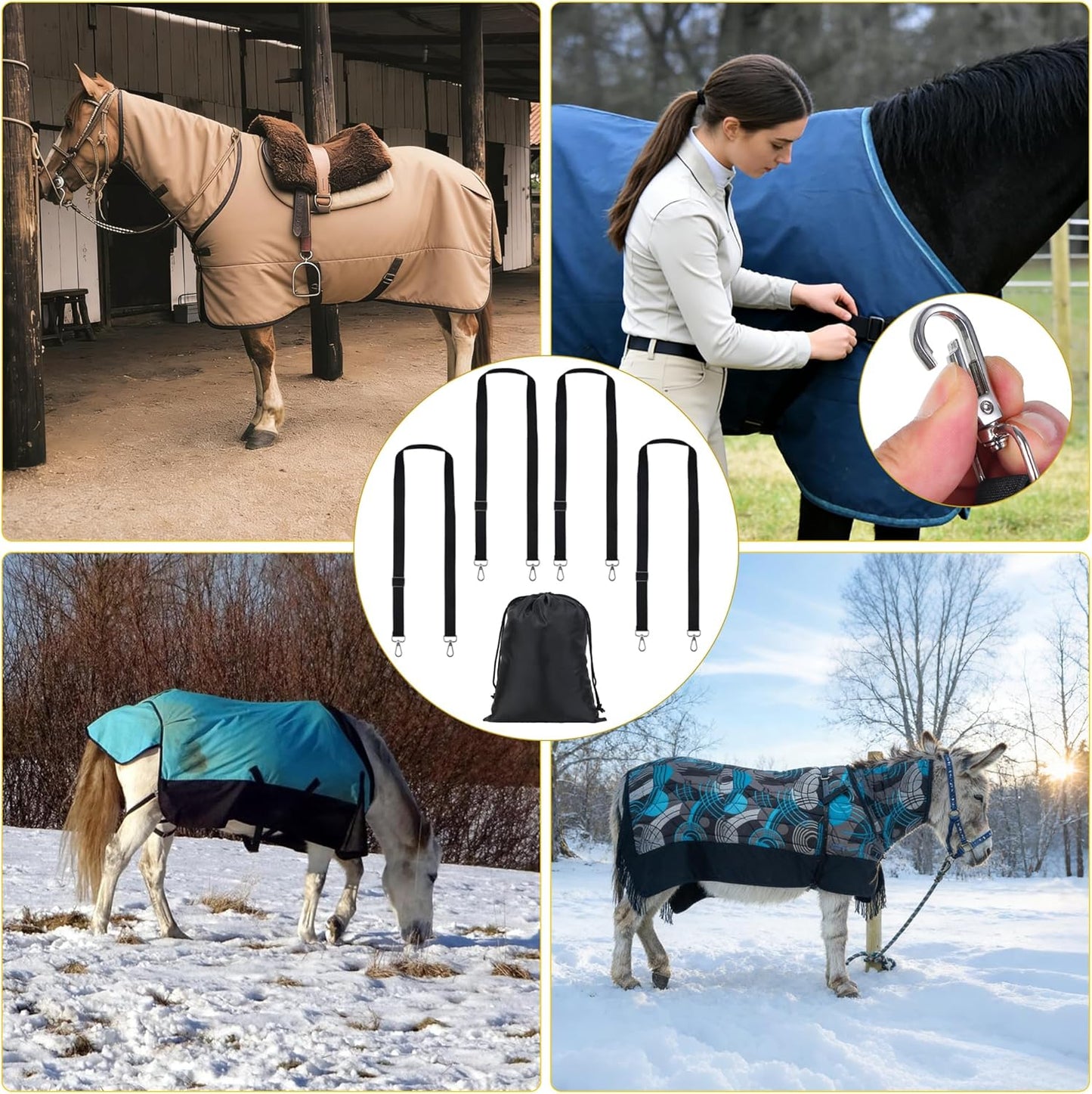 Horse Blanket Leg Straps, Elastic Belly Replacement Straps with Metal Double Swivel Snaps, 4 Pieces, Adjustable Length from 25.5" to 51"