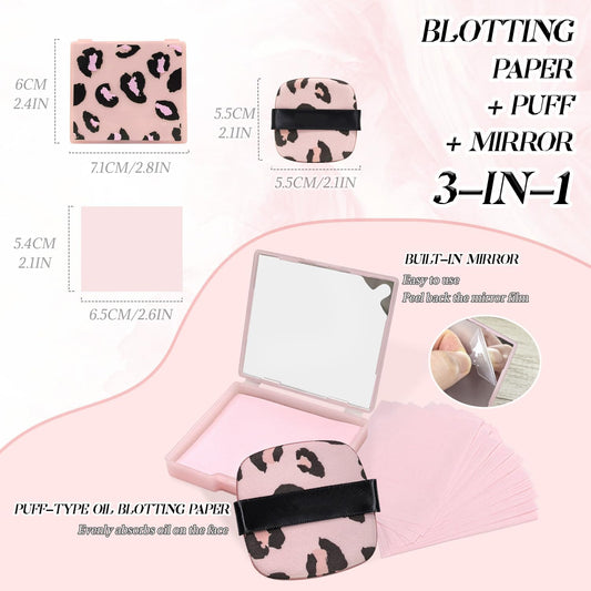 3-in-1 Oil Blotting Paper Set for Face Absorbing Sheet with Portable Mirror & Adhesive Makeup Puff, Oily Skin, Design Men Women(100 Sheets, Pink Leopard Print)