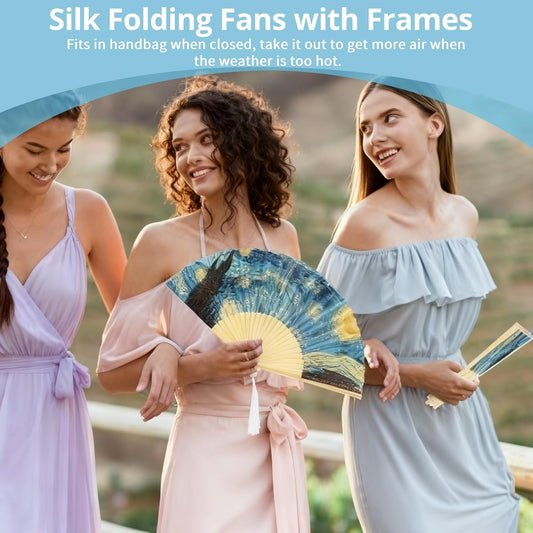 Foldable Hand Fan, 2PCS Held Silk Folding Fan Chinese Handheld with Frames Decorative Starry Night Pattern for Dancing Cosplay Wedding Party Props Decoration