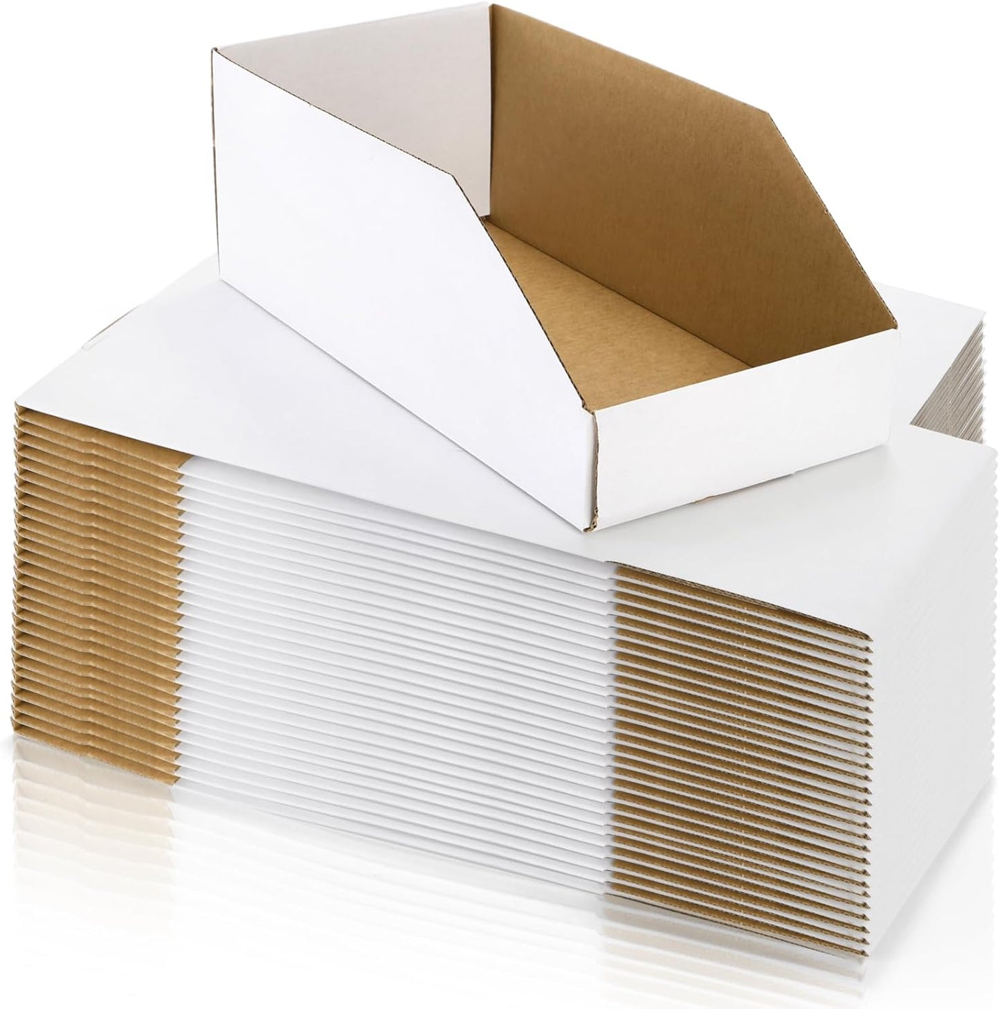 35 Pack Cardboard Storage Bins, 12" x 6" 4.5" Corrugated Open Top Box, White Pantry Shelf Organizer Bins for Parts Snacks, Ideal Garage Warehouse Home Packing Moving, Easy Assembly