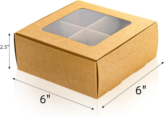 40 Pack Brown Bakery Boxes with Window and Dividers, 6 x Inch Mini Pastry 4 Compartments, Kraft Treats Gift Inserts, Cupcake Packaging Containers for Pastries Biscuits