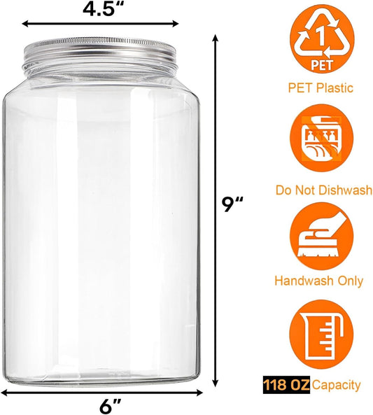 2 Pack 1 Gallon Extra Large Clear Plastic Jars, 118 OZ Food Storage Container with Lid, BPA Free Wide Mouth Jar, Reusable Airtight Mason Jug for Dry Goods, Candy, Fermenting, Pickling
