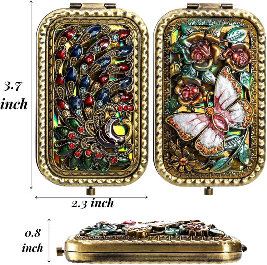 2 Pcs Vintage Foldable Makeup Mirror, Portable Cosmetic Pocket Double Sided Butterfly Peacock Vanity Metal Compact Small Folding Travel Mirror for Woman Girls