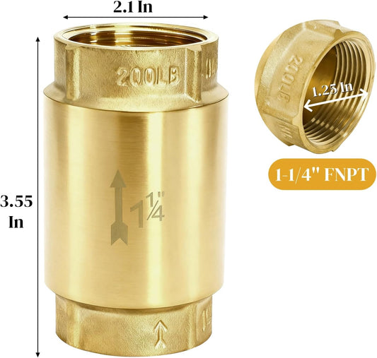 1-1/4 Inch Brass Check Valve, Universal One Way In Line Valves with Backflow Prevention, No Return Female Pipe Thread for Garden Hose Well Pumps Irrigation Systems, 1.25'' FNPT