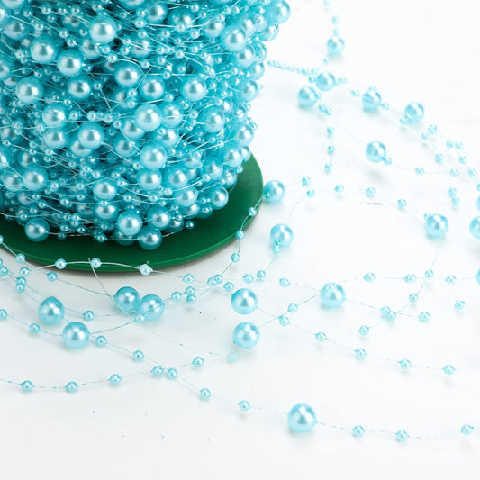 Artificial pearl string - pearl beads - suitable for blue weddings - bridal bouquets - do-it-yourself crafts - table decorations - Christmas decoration for a party - light blue - 60 meters.