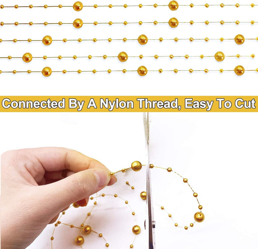 Artificial pearl beads chain - Pearl beads - Suitable for light blue weddings, bridal bouquets, DIY crafts, table decorations, Christmas decorations - Gold - 60 metres.