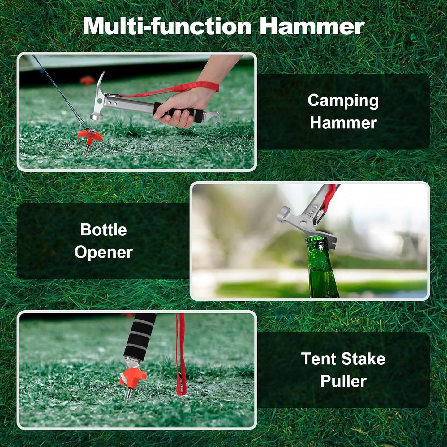 Campinghamer - 3-in-1 - Functional tent peg hammer with puller - For camping, hiking and backpacking - Sponge handle - Non-slip and shock-resistant - Grey - 29.5*11 cm.