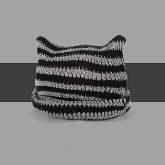 Kitten Hat - Cat Ear Hat - Black, White and Grey - Knitted Beanie - Rimless Beanie - Vintage - Ladies' Accessories - Winter Essentials - Y2K Accessories.