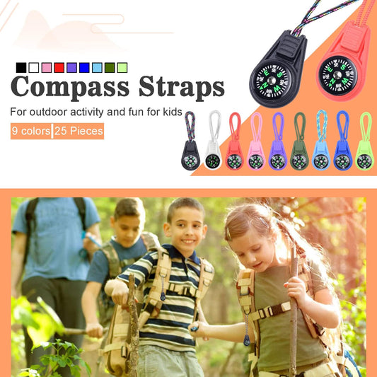Kompas - 25-pack - Kids' Compass - Classroom - Mini Compass for Children - Hiking and Survival - Portable - Compass with Cord - 9 Colours.