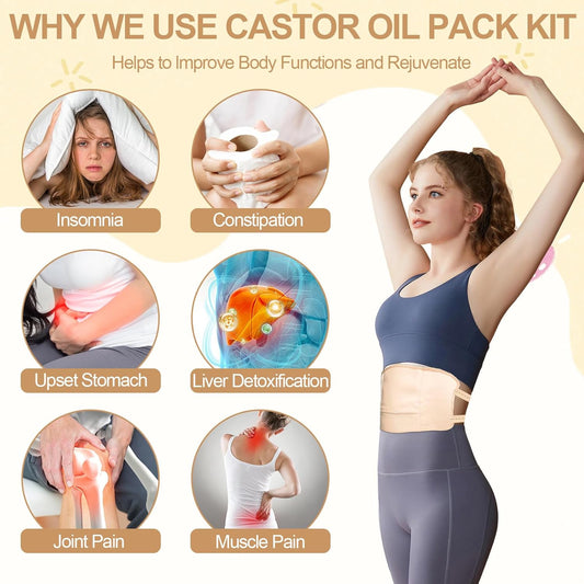 Castor oil packs - Reusable adjustable packaging set for the liver - promotes sleep - supports the liver and abdominal muscles to improve blood circulation and digestion (Castor oil not included) (1 pack).