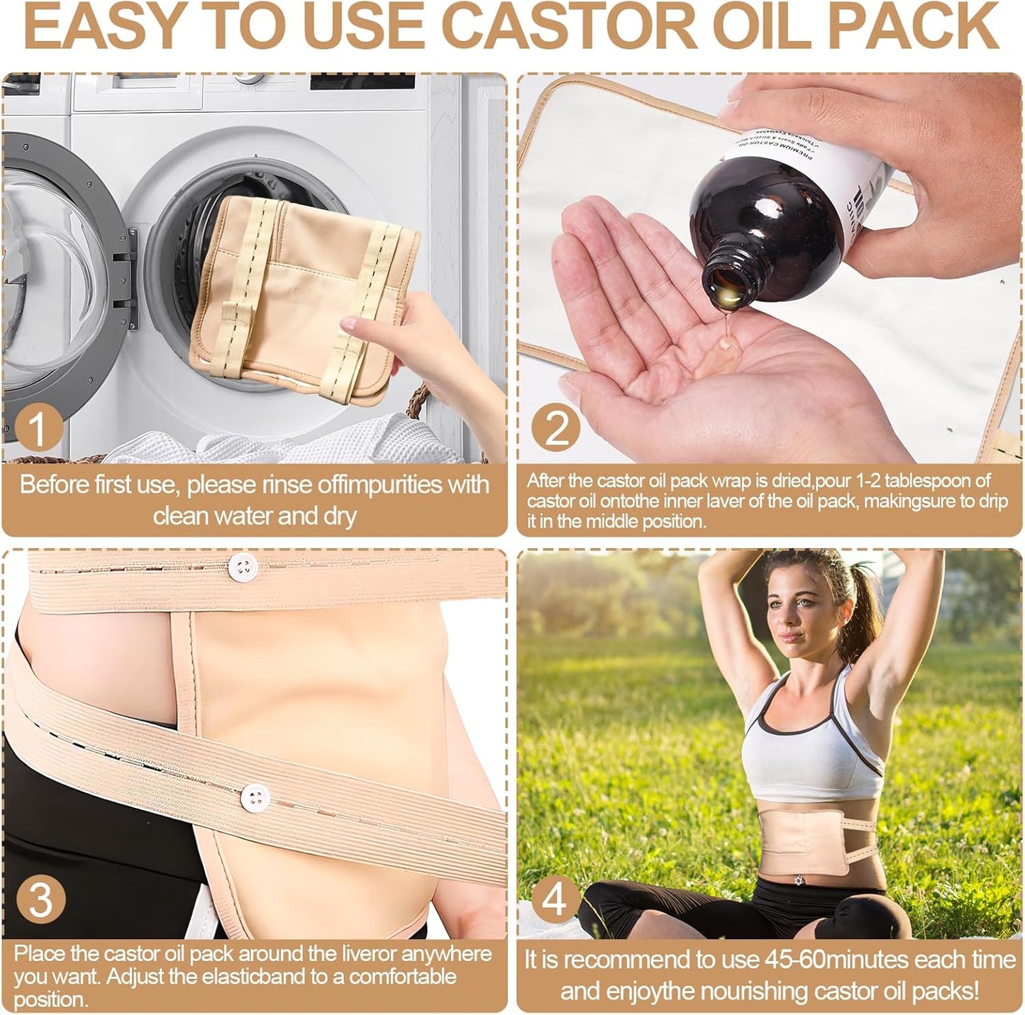 Castor oil packs - Reusable adjustable packaging set for the liver - promotes sleep - supports the liver and abdominal muscles to improve blood circulation and digestion (Castor oil not included) (1 pack).