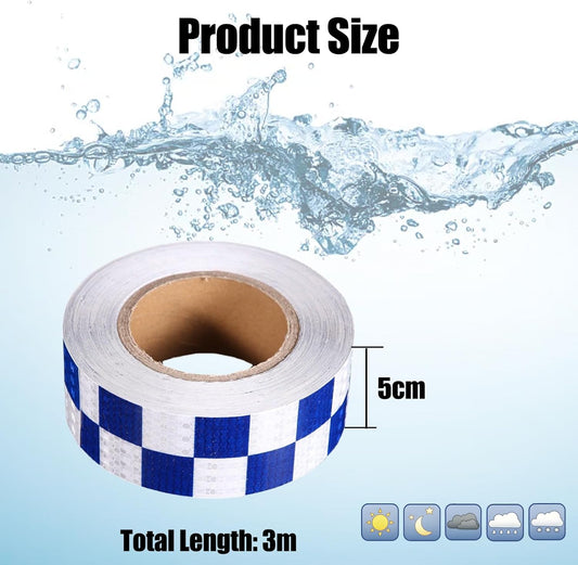 Reflective strips - Reflective tapes - 3 m x 50 mm - Reflective warning tape - Reflective tape - Outdoor - Waterproof - Fluorescent tape - Transport safety tape - Glow-in-the-dark tape - Blue and white.
