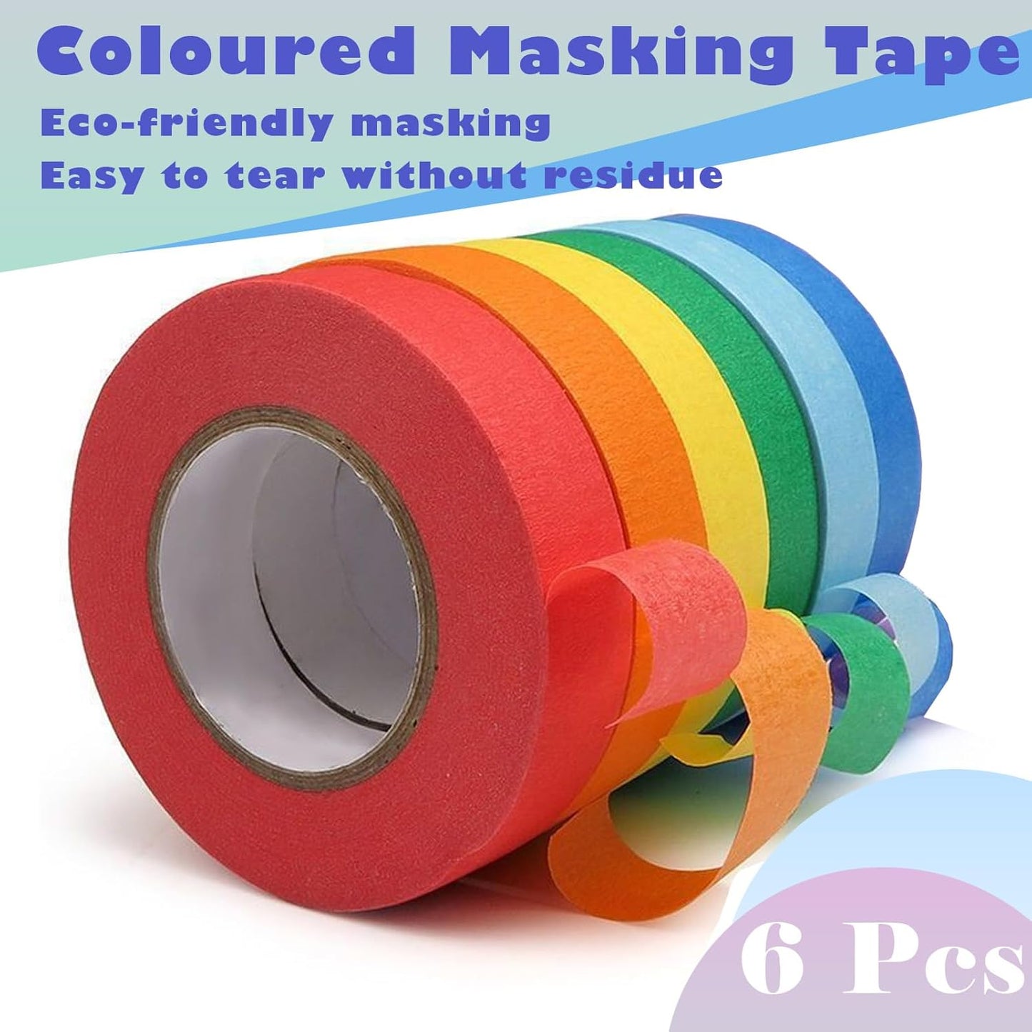 6 rolls of coloured sticky tape - removable coloured tape (1 cm * 13 m) - coloured tape suitable for office and home crafts - used for wall decorations - art - lettering and crafting Rainbow sticky tape