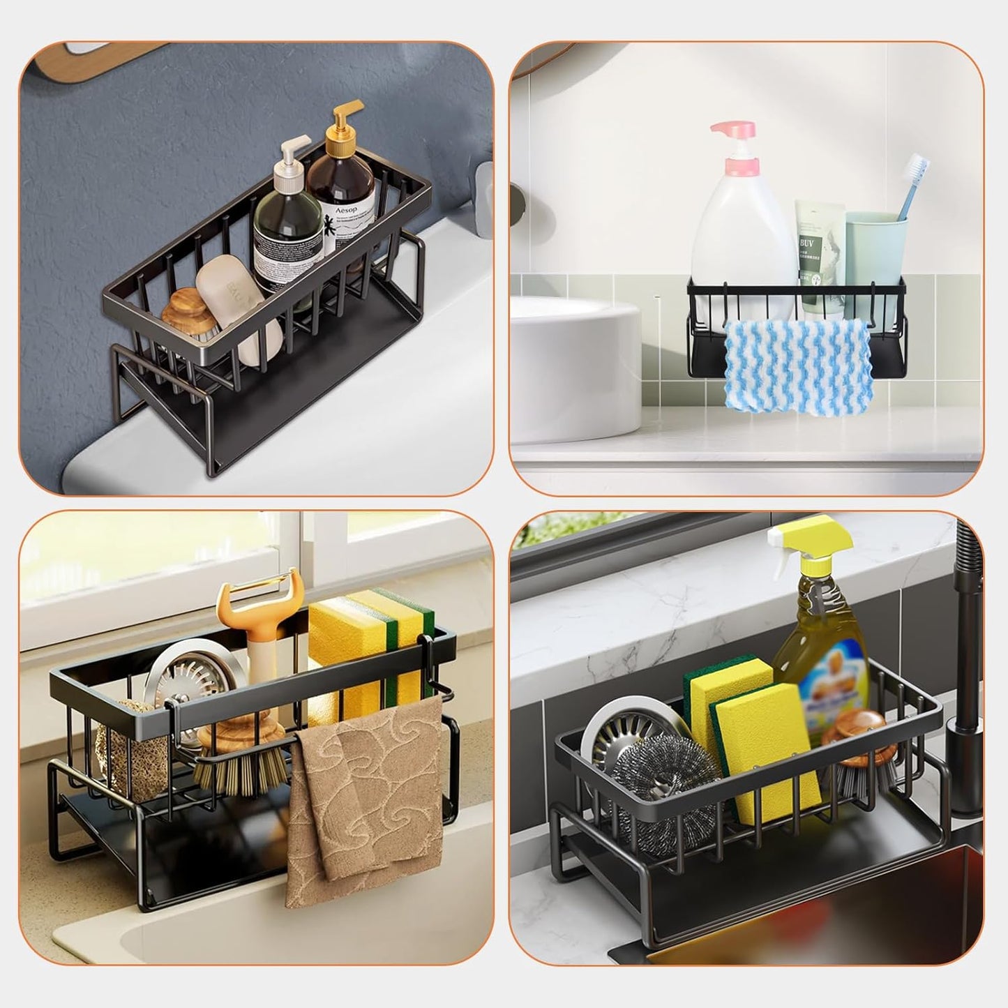 Multifunctional kitchen sink caddy - black stainless steel sponge holder - countertop cleaning rack with removable cloth holder - dish drying rack for kitchen and bathroom (black)