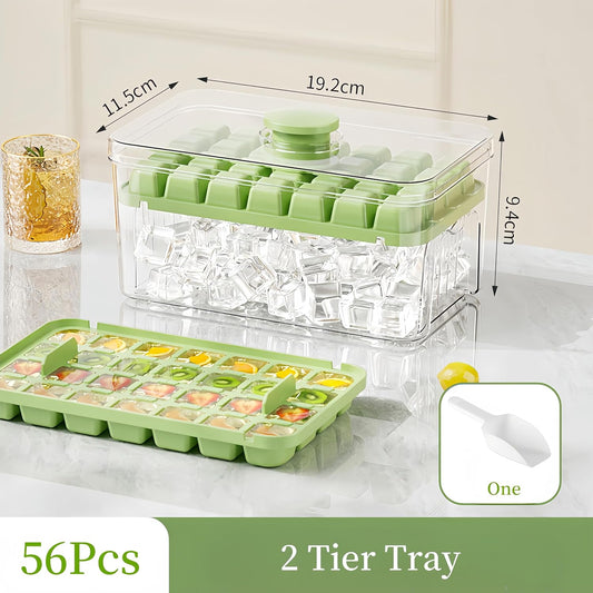 Ice Cube Trays - Ice Cube Tray with Lid and Container - 56 Ice Cube Molds - 2 Containers and Ice Scoop - BPA-free (Green).