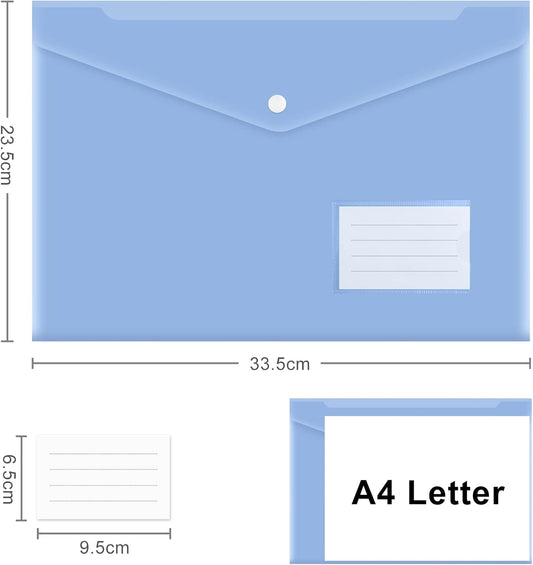 10 pieces of A4 plastic envelope folders, transparent envelopes with press studs, A4 folders with label pockets for school, homework and office, 5 colours.