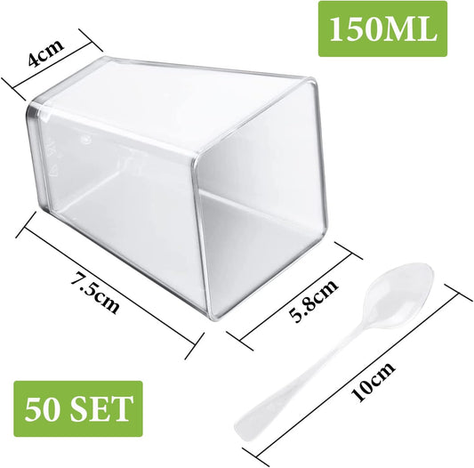 Mini dessert cups (with spoon) 50 pieces reusable- transparent- square plastic dessert cups- cheesecake pots- multifunctional dessert bowls for mousse pudding- dessert party supplies