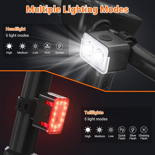 Bike light - IPX6 waterproof - Front and rear light - Rechargeable - Type-C charging port - 5+6 modes - Front and rear light combination - 300 lumens - Super bright - Night riding - Suitable for kids and adults - 106 g.