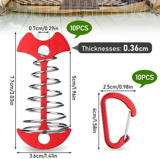 Carabiner Hook - Red - 10-pack - Ceiling Anchor with Carabiner Hook - Aluminium - Anchor - Spring Pin - Camping - Outdoor - Fishbone - Tent Anchor - Tent Rope - Spanner - Fishing Line - Adjuster - Pin.