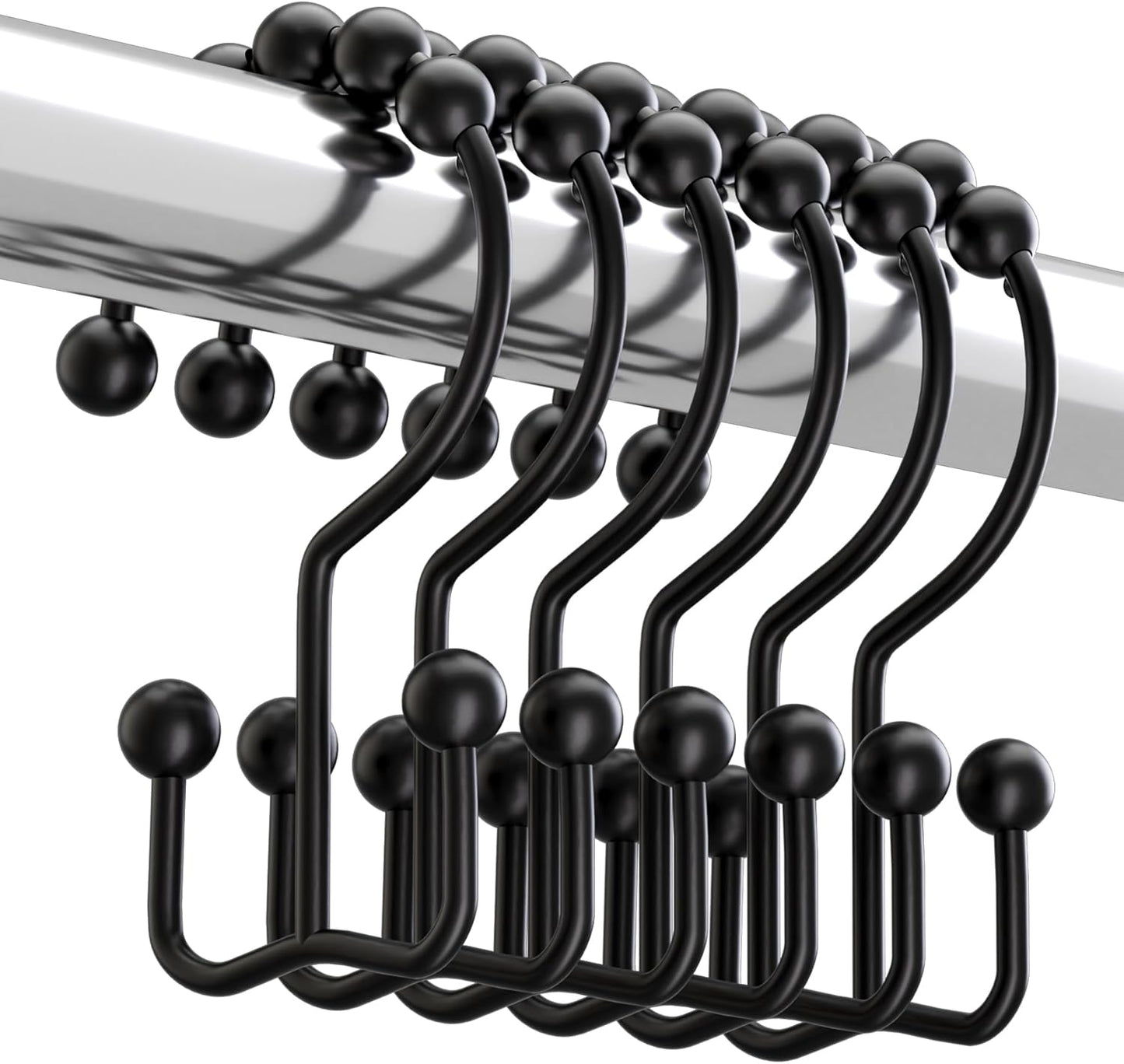 Matzwarte shower curtain hooks (12-pack) - Double hooks made of stainless steel - Hooks with smooth rolling action - Suitable for shower curtains up to 3.3 cm thick - Suitable for shower curtains and waterproof liners. (black)