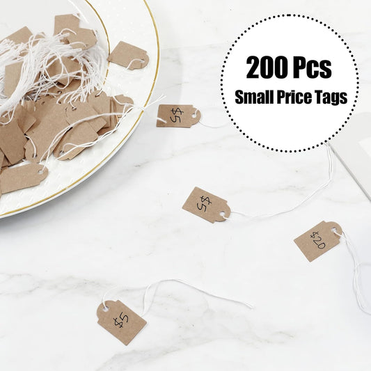 Biaungdo 200 Pcs Brown Price Tags with String Attached, 15x25mm/0.59x1inch Small Writable Label Tags Kraft Paper Gift Tag with Elastic String for Jewelry, Crafts, Pricing, Hanging & Gift Tagging