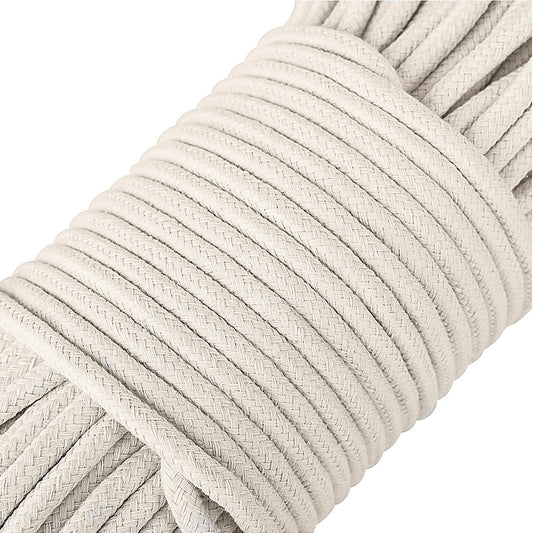 1/4 Inch Natural Cotton Rope, White Craft Clothesline, Used for DIY Rope Baskets, Handicrafts, Candle Wicks, etc, 6MM, 52 Feet.
