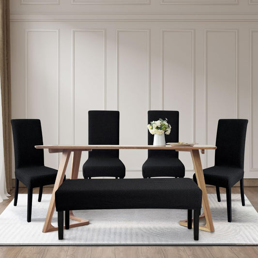 FORCHEER Dining Chair Covers and Bench Covers Set Waterproof Black Jacquard 4 Dining Room Chair and Bench Slipcover Washable