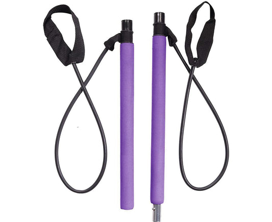 Pilates Exercise Stick Kit,Portable Compact 3-Section Yoga Resistance Bands for Legs and Butt, Pilates Bar with Foot Strap for Full Body Workout - Purple
