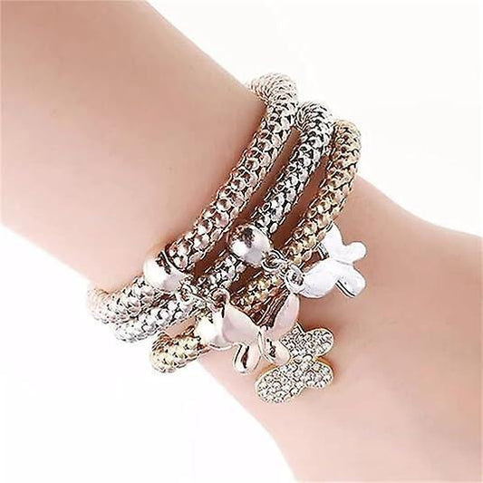 Crystal Charms Multilayer Bracelets - 3pcs Gold/silver/rose Gold Corn Chain Bracelet For Women, Tree Of Life Heart Shaped Stretch Bracelet