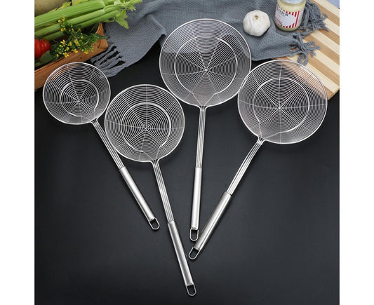 Long Handle Round Stainless Steel Colander Oil Filter Fried Food Grid Strainer-Silver 20