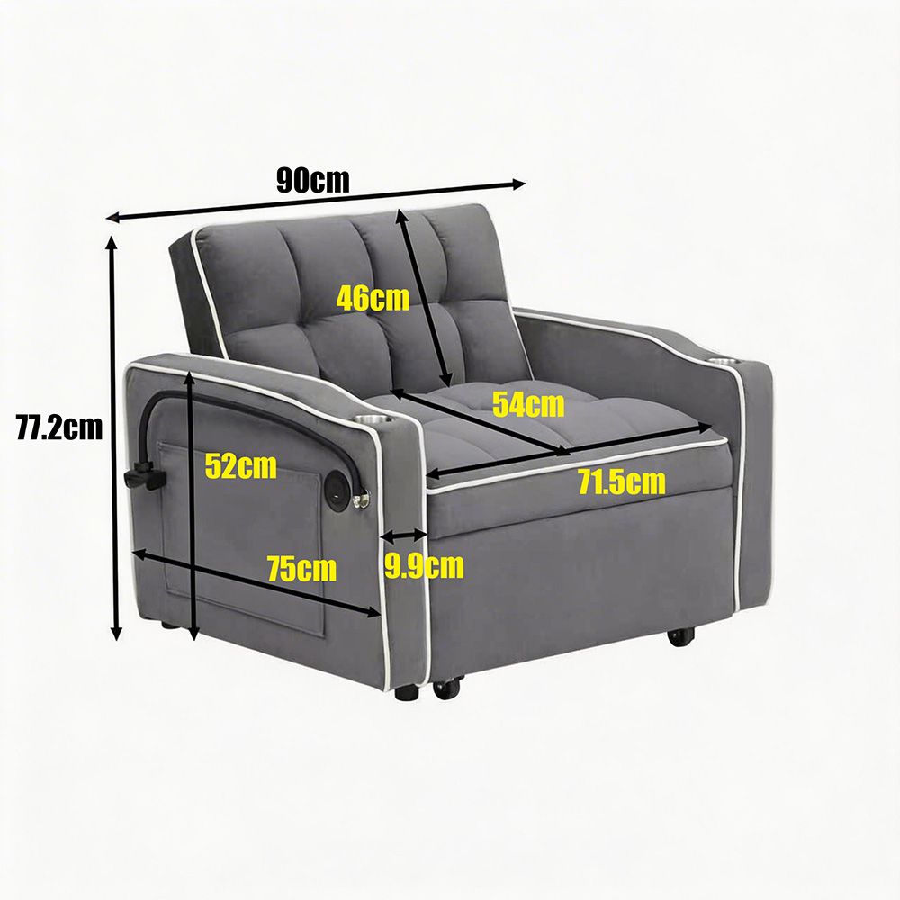 Single-seater sofa bed, equipped with USB ports and a phone holder - Black