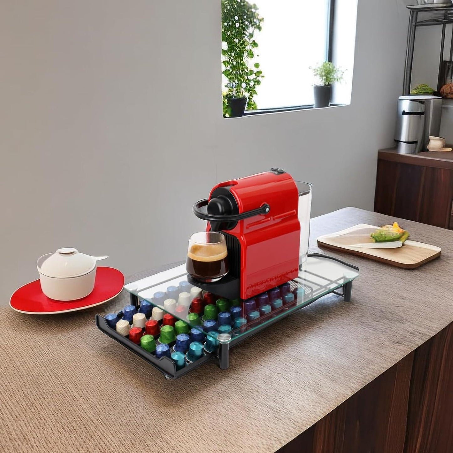 CARLA HOME 60 Coffee Pod Holder Drawer with Tempered Glass Capsule Organizer for Nespresso Pods and Sliding Drawer for Kitchen Countertop.
