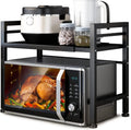 CARLA HOME 2-Tier Microwave Oven Rack with Adjustable Metal Kitchen Shelf Stand for Countertop Storage and 6 Hooks for Utensils (Black).