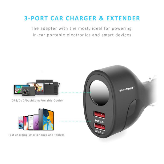 mbeat Gorilla Power Dual Port QC 3.0 Car Charger With Cigar Lighter Socket.