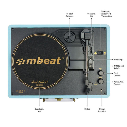 mbeat Woodstock II Sky Blue Retro Bluetooth (TX/RX) Turntable.