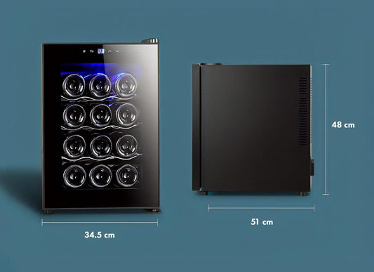 12 Bottle Thermoelectric Wine Fridge, 65W, UV Protected Glass Door, Soft LED Illumination.