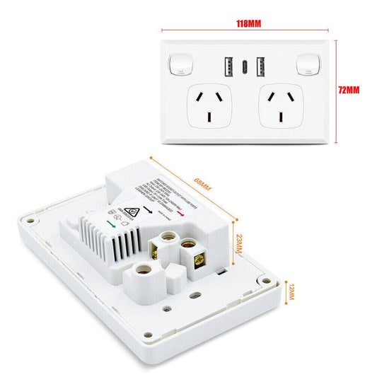5PCS Double Power Point Dual USB+Type-C GPO Fast Charge 3.6 amp Wall Outlet.