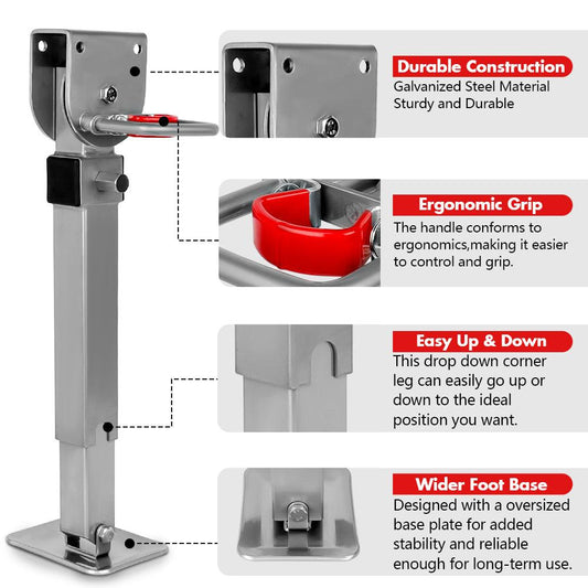 X-BULL 4x 440mm Drop Down Corner Legs Steadies Handle Steel Foot Caravan Trailer Silver.