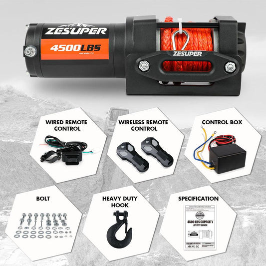ZESUPER 12V Winch 4500LBS Electric Winch ATV Winch Synthetic Rope BOAT Trailer.