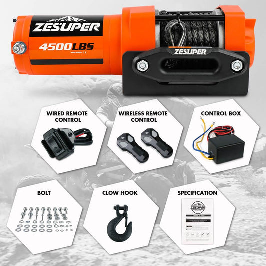 ZESUPER 4500lb Electric Winch 12V Synthetic Rope Boat Winch ATV Winch Kit Boat Winch UTV 4WD Wireless RemoteX2 Orange.